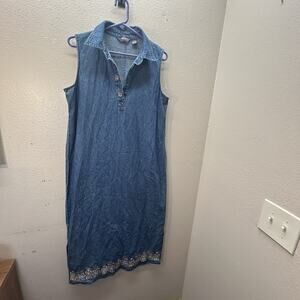 Vintage‎ 90s Y2K Agapo Denim Maxi Dress Embroidered Flowers Boho Farm Prairie L
